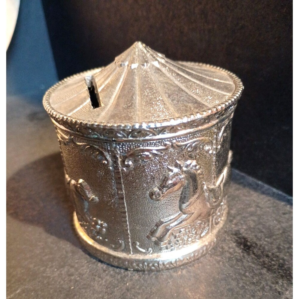 Silver Plated Carousel Coin Bank 2.5" Tall Merry Go Round Horses